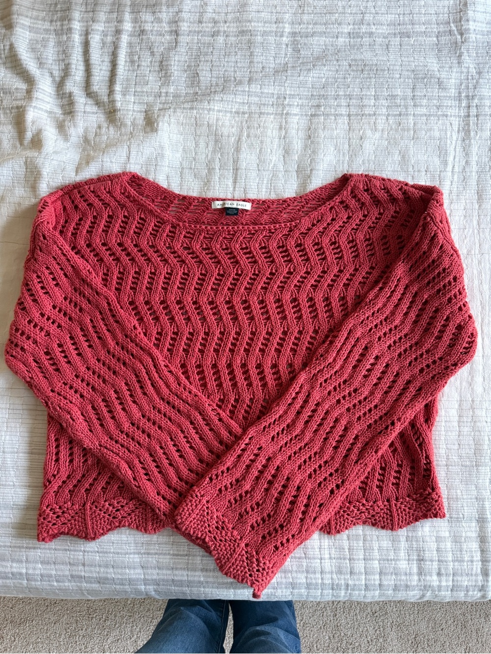 American Eagle Outfitters Open-Knit Coral Red Scoop Neck Sweater